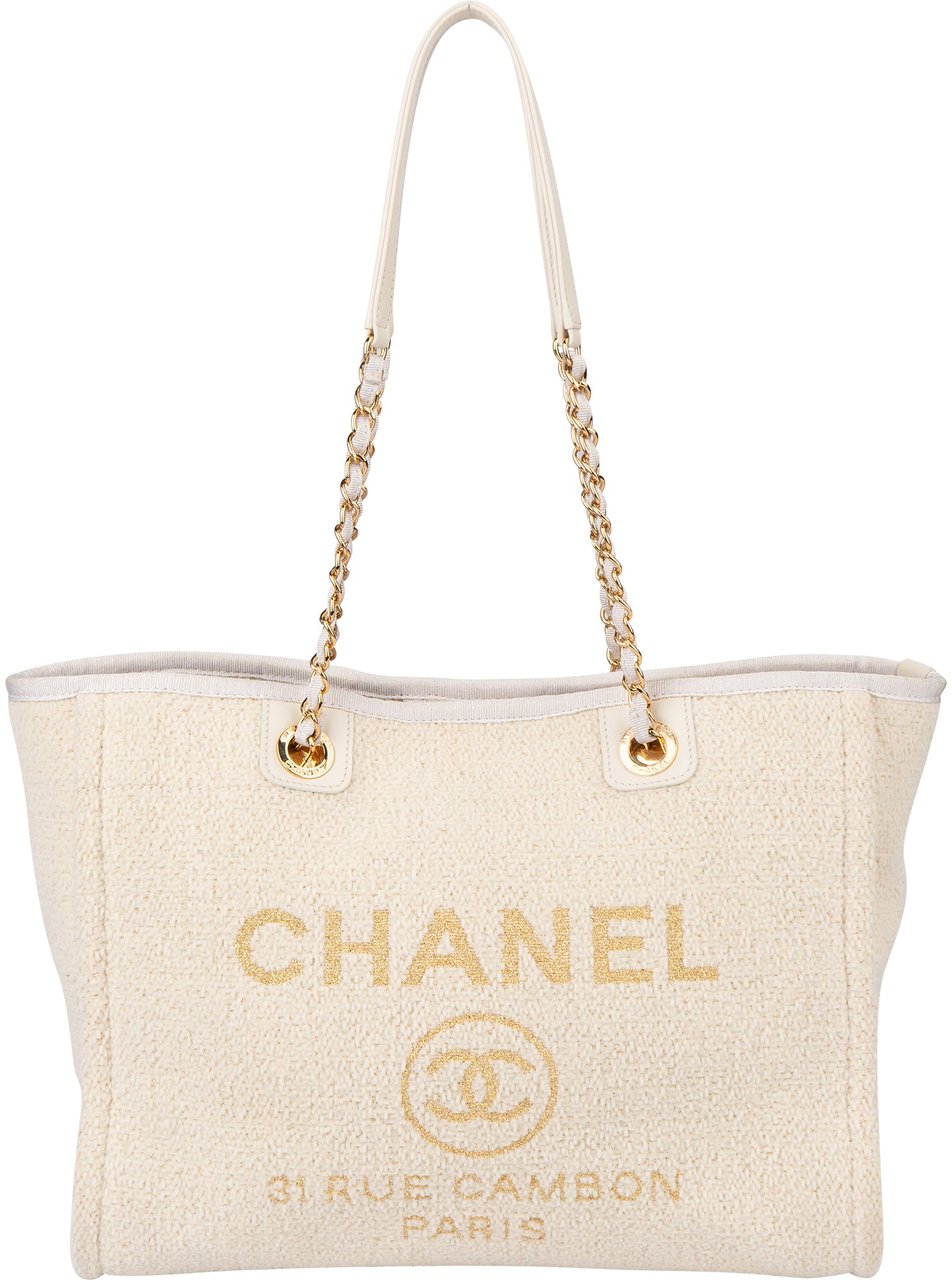 Chanel Chanel White Christmas Gold Tone Glitter Deauville Handbag Beige
