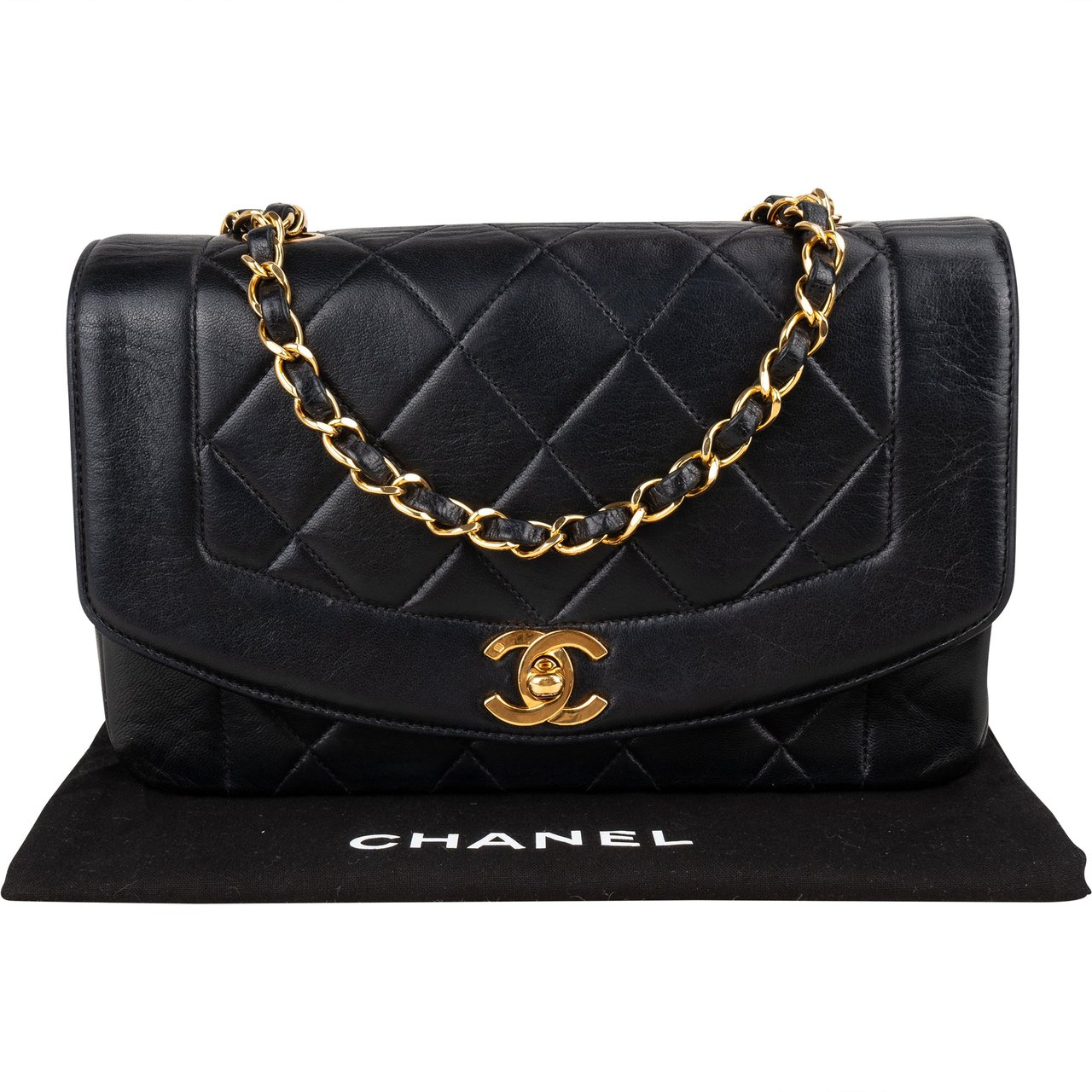 Chanel Chanel Quilted Lambskin 24K Gold Diana Small Single Flap Crossbody Bag Zwart