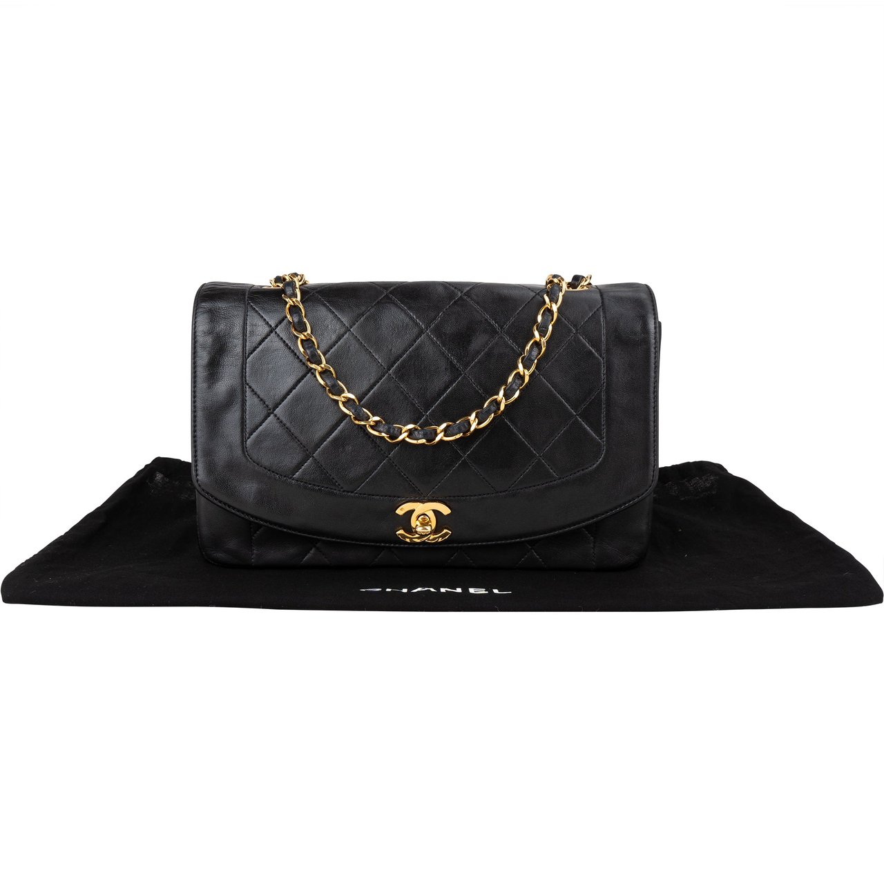 Chanel Chanel Quilted Lambskin 24K Gold Diana Medium Single Flap Crossbody Bag Zwart