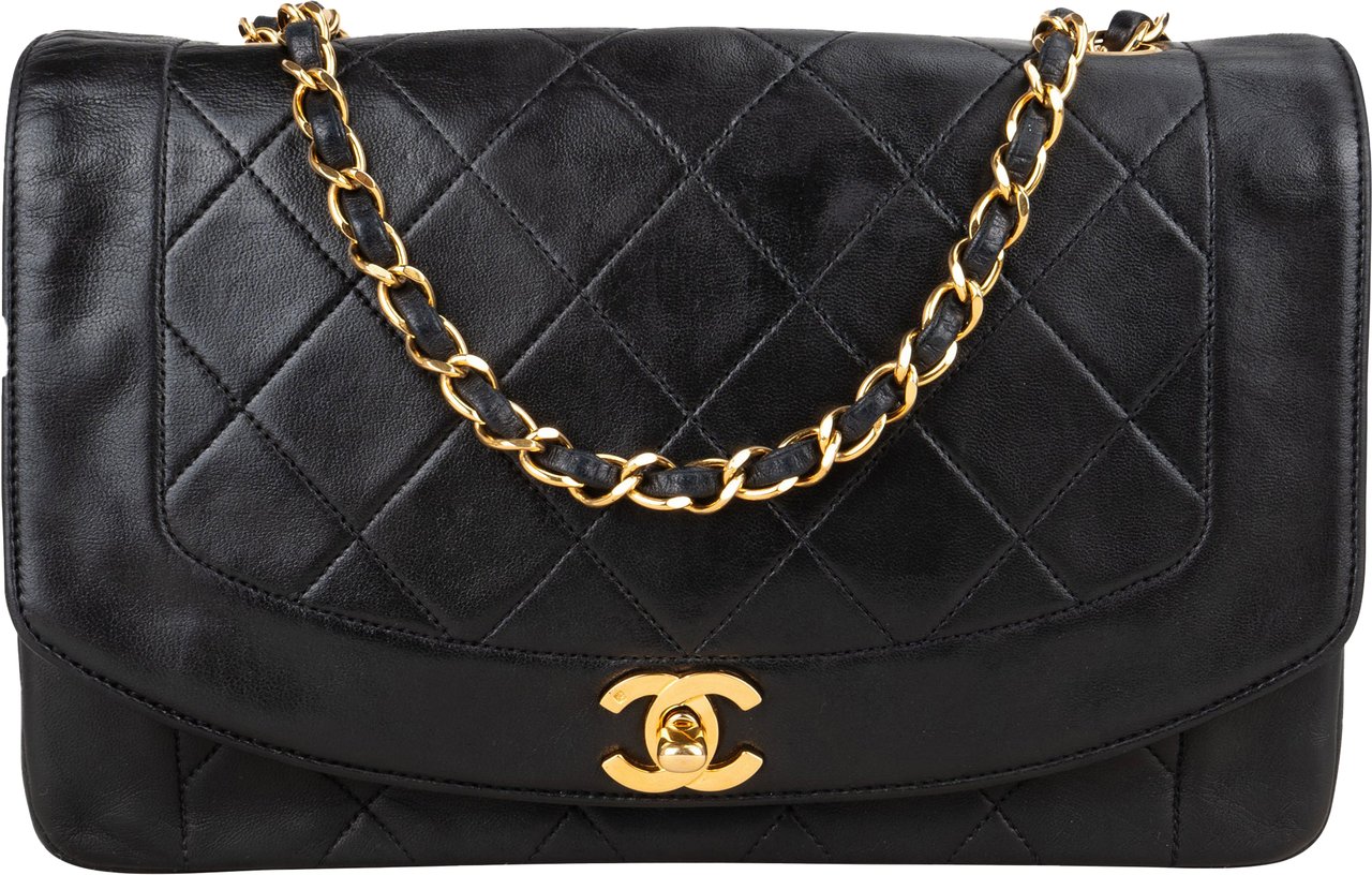 Chanel Chanel Quilted Lambskin 24K Gold Diana Medium Single Flap Crossbody Bag Zwart