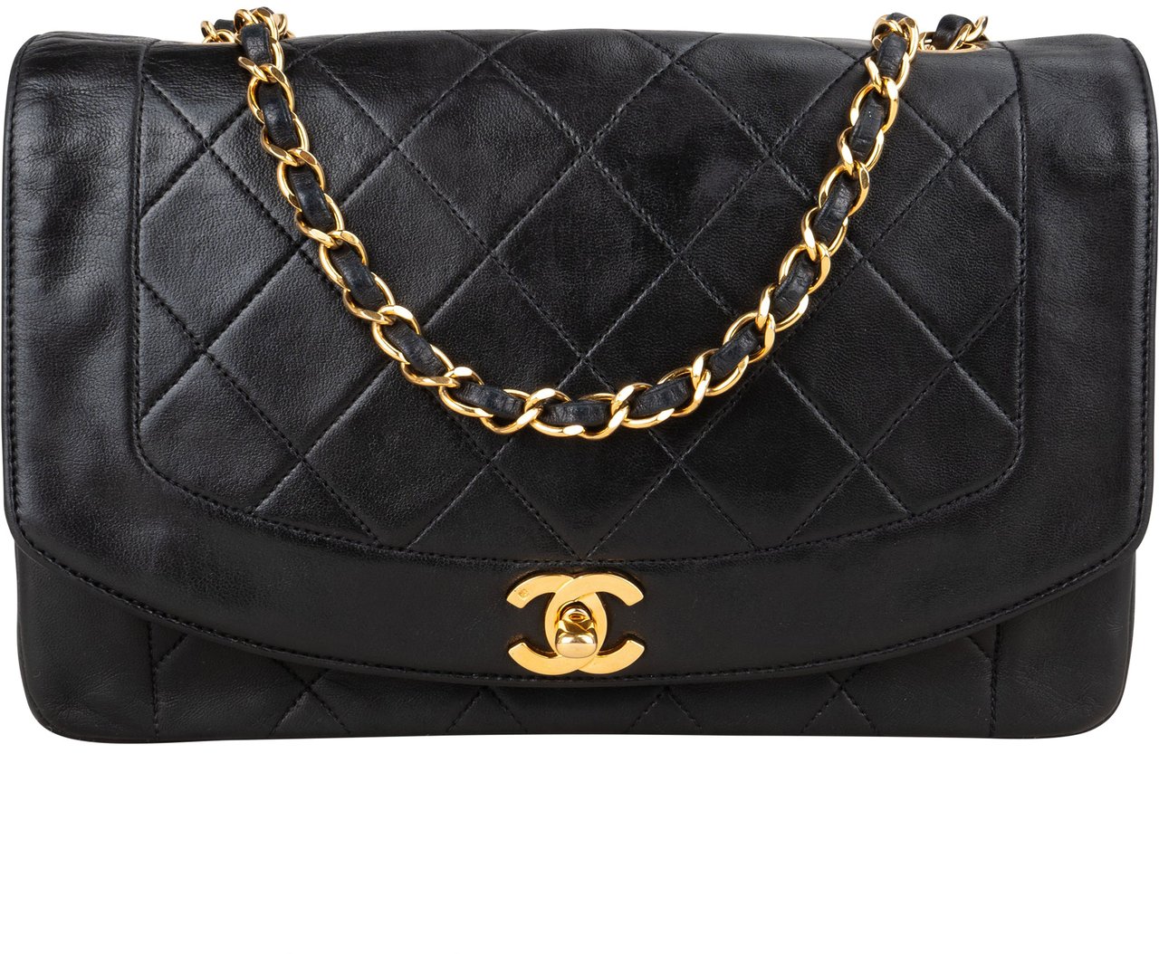 Chanel Chanel Quilted Lambskin 24K Gold Diana Medium Single Flap Crossbody Bag Zwart