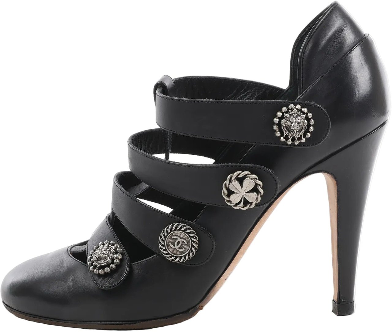 Chanel Chanel Coco Mark Lion Clover Buttons Leather Pumps in Black, Size 38 EU Zwart