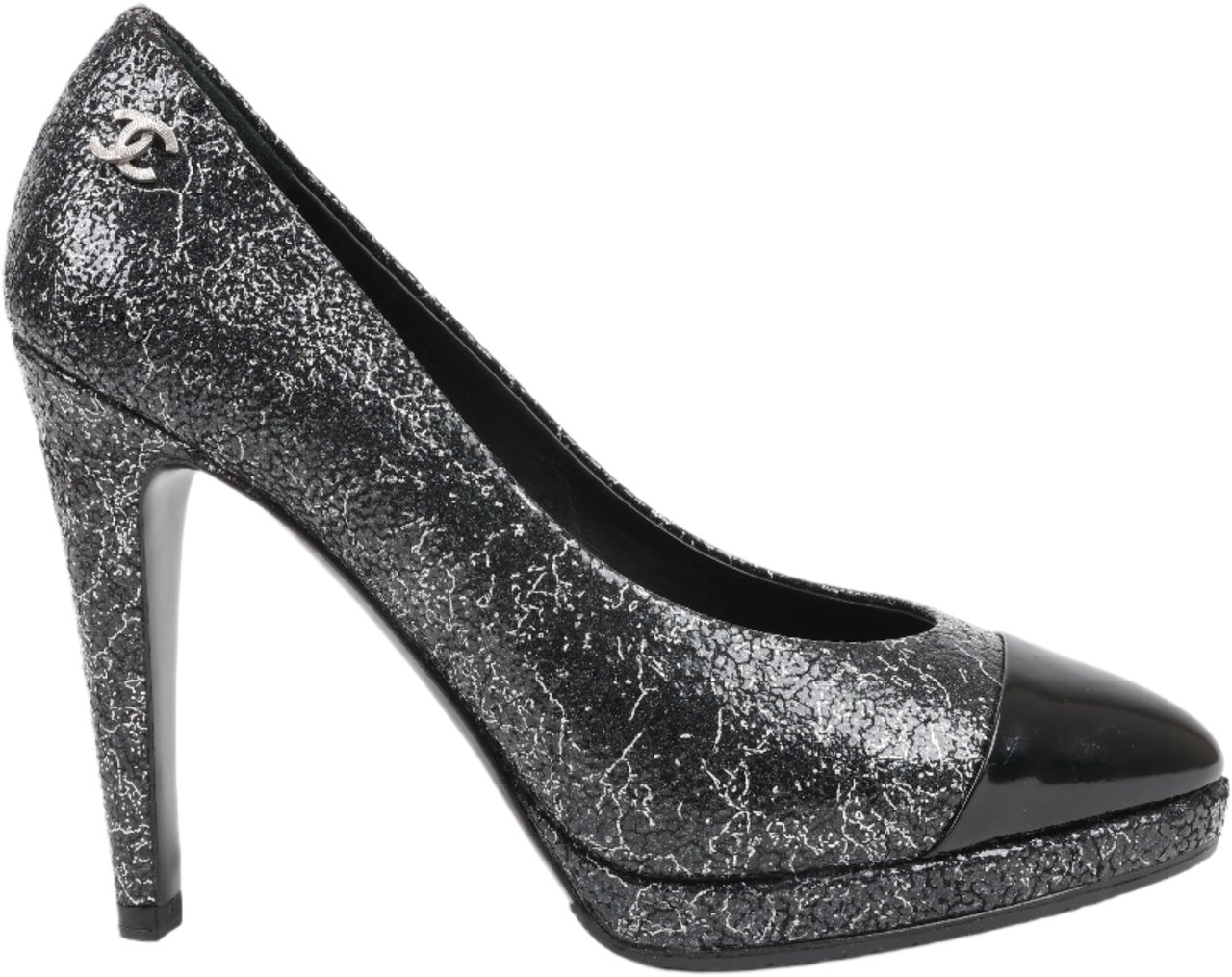 Chanel Chanel Coco Mark Leather Heels Black × Silver G29571, Size 36 EU Zwart