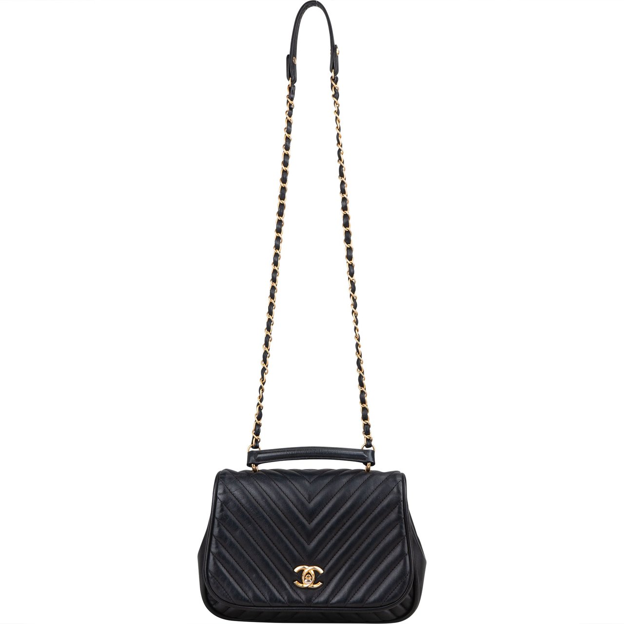 Chanel Quilted Chevron Lambskin Single Flap 2Way Crossbody Handbag Zwart