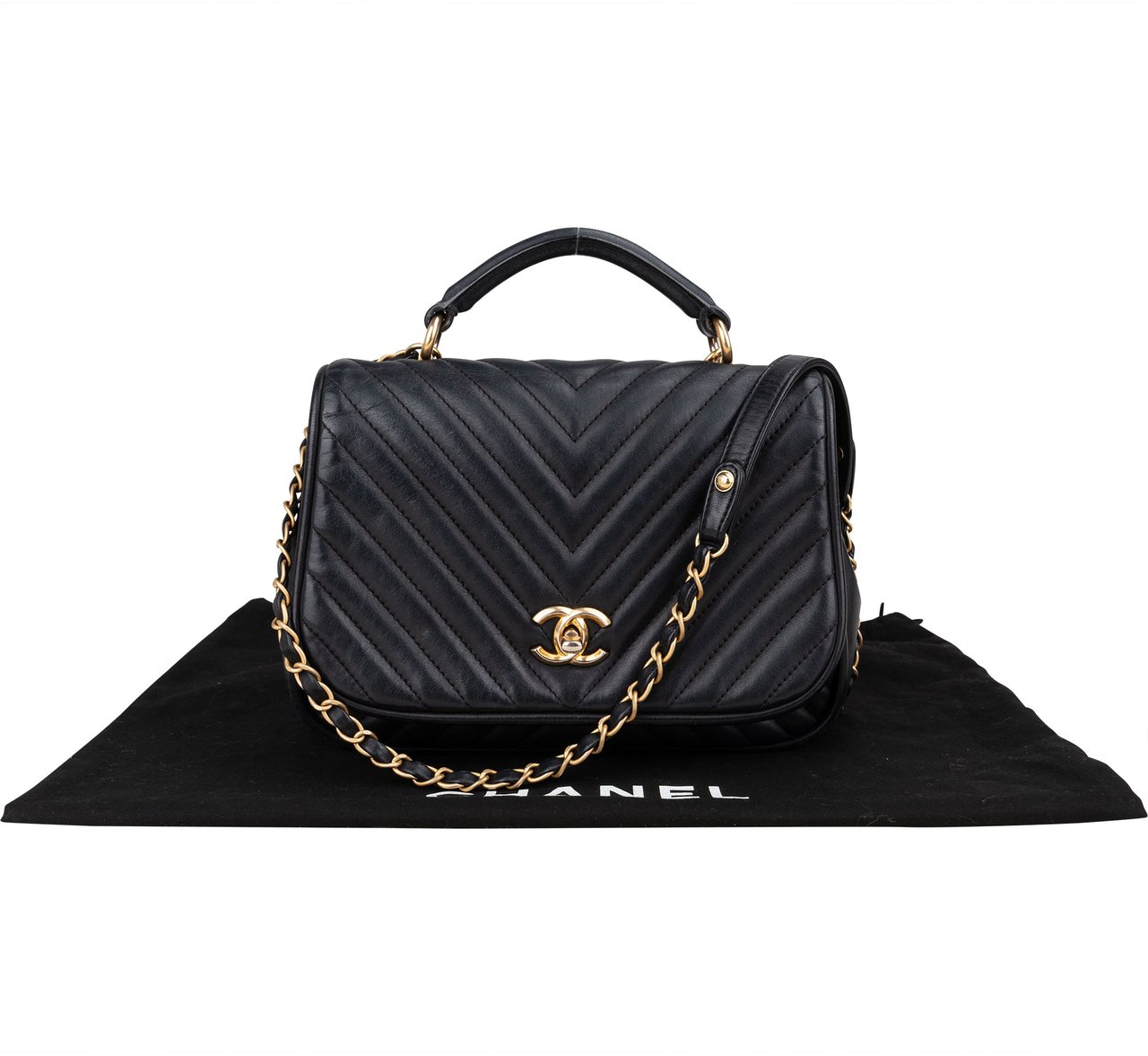 Chanel Quilted Chevron Lambskin Single Flap 2Way Crossbody Handbag Zwart