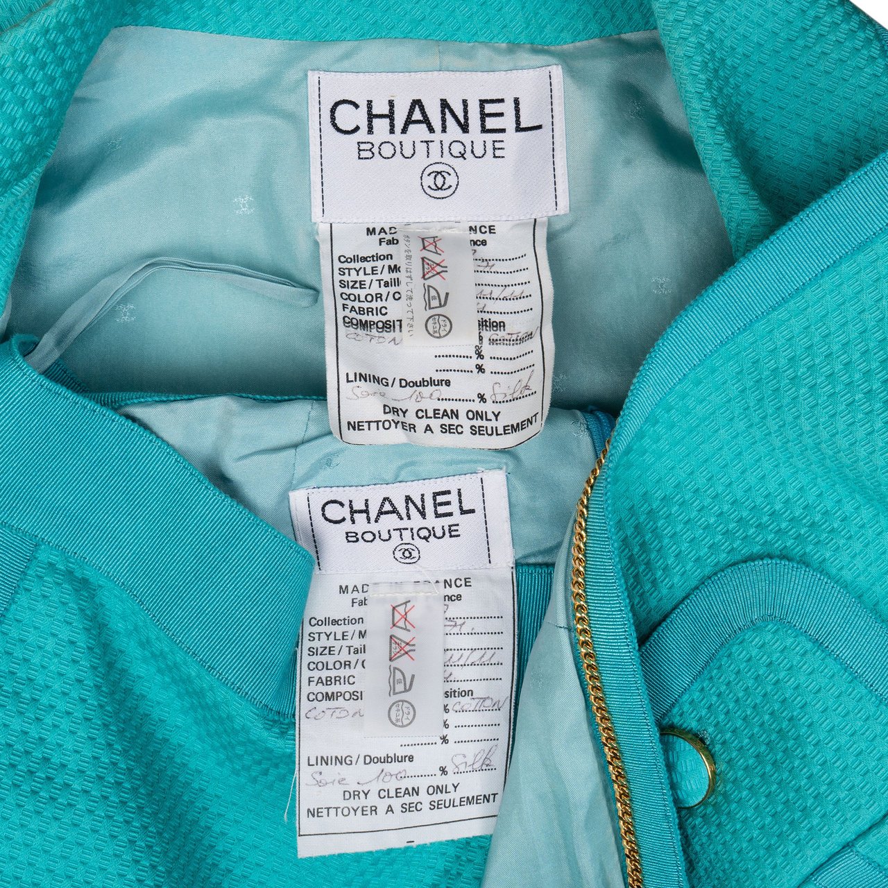 Chanel Chanel Turquoise Cotton Jacket Costume Set (DE36 / FR38) Blauw