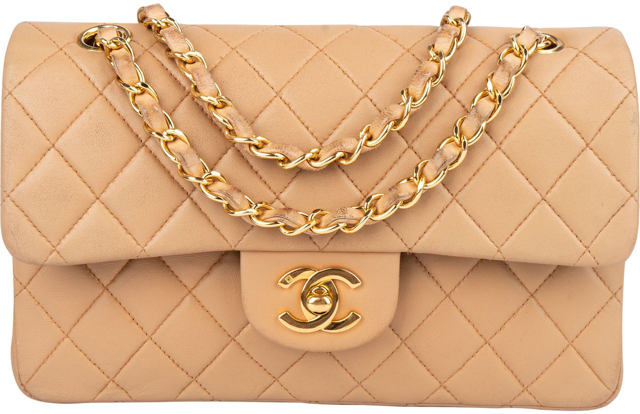 Chanel Chanel Quilted Lambskin 24K Gold Small Double Flap Crossbody Bag Beige