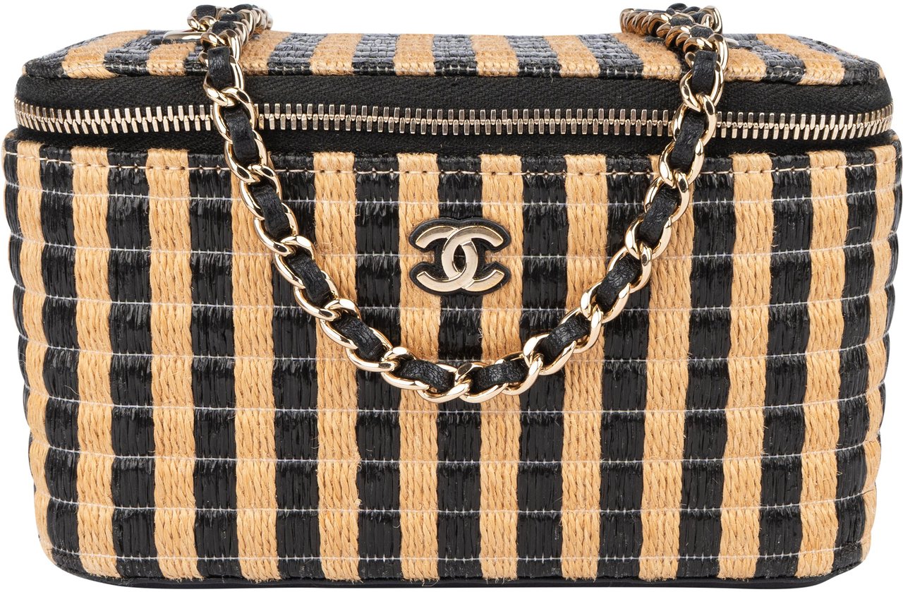 Chanel Chanel Woven Raffia CC Vanity Case Crossbody Bag Zwart