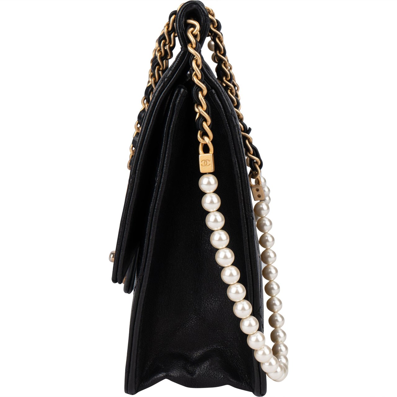 Chanel Chanel Quilted Lambskin Pearl Strap Single Flap Crossbody Bag Zwart