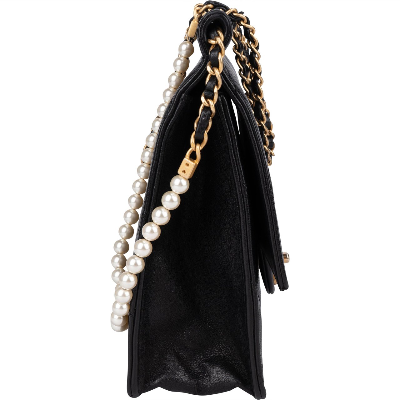 Chanel Chanel Quilted Lambskin Pearl Strap Single Flap Crossbody Bag Zwart