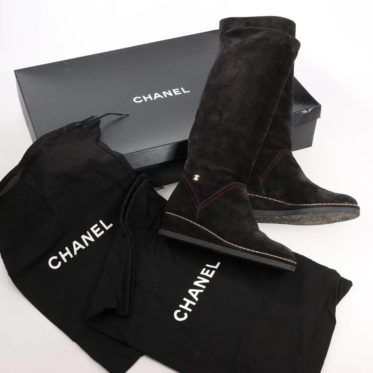Chanel Chanel Coco Mark Chain 15B Suede Long Boots in Black G31295, Size 36 EU Zwart
