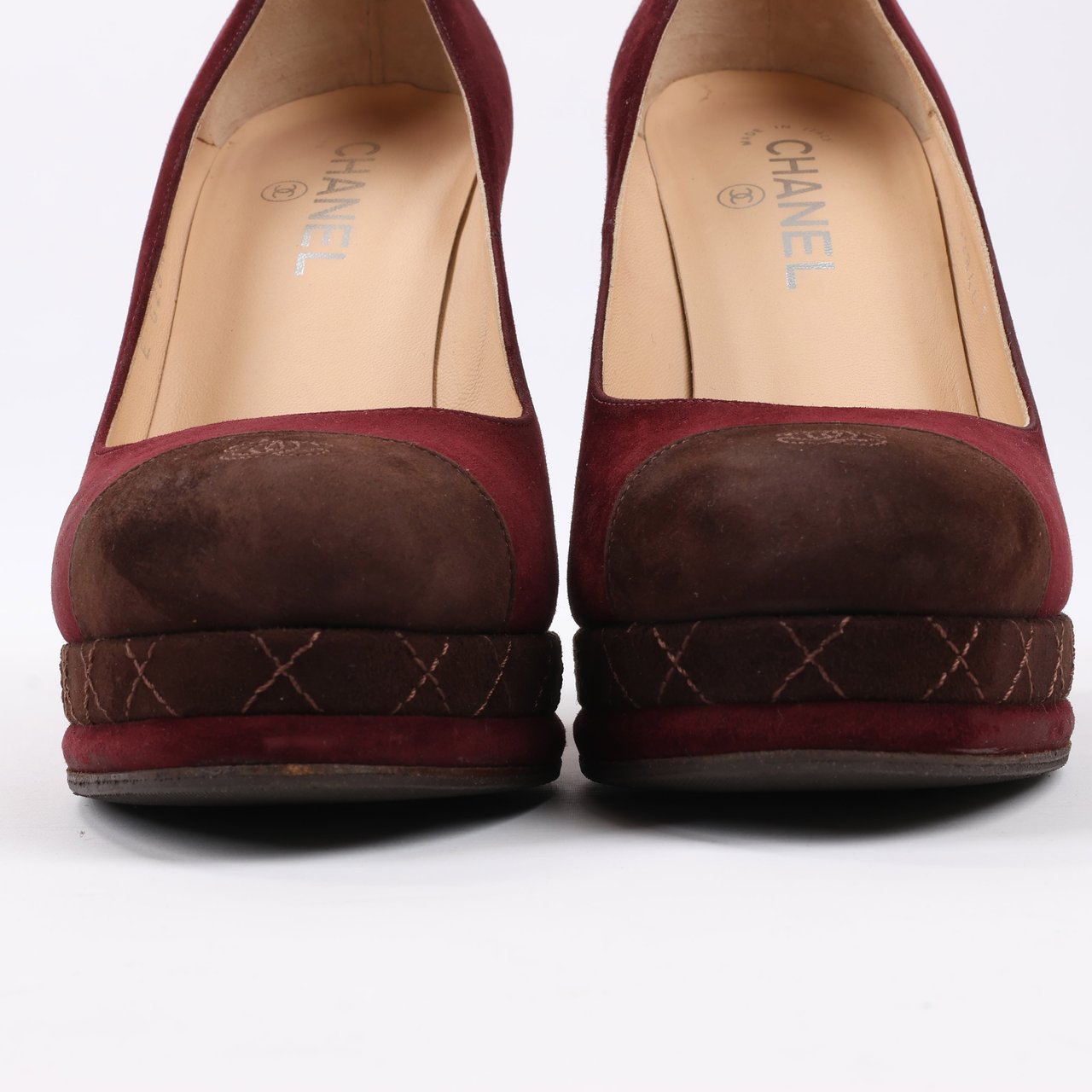 Chanel Chanel Burgundy/Brown Suede CC Cap Toe Platform Heel Pumps, Size 40.5 EU Maroon