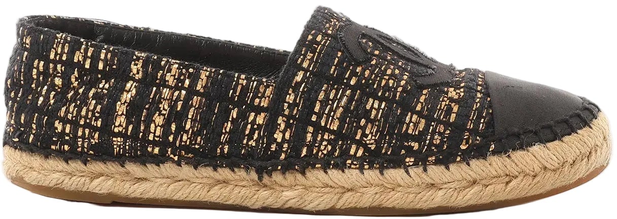 Chanel Chanel Metallic Tweed Grosgrain CC Espadrilles in Black x Gold G29762, Size 37 EU Divers