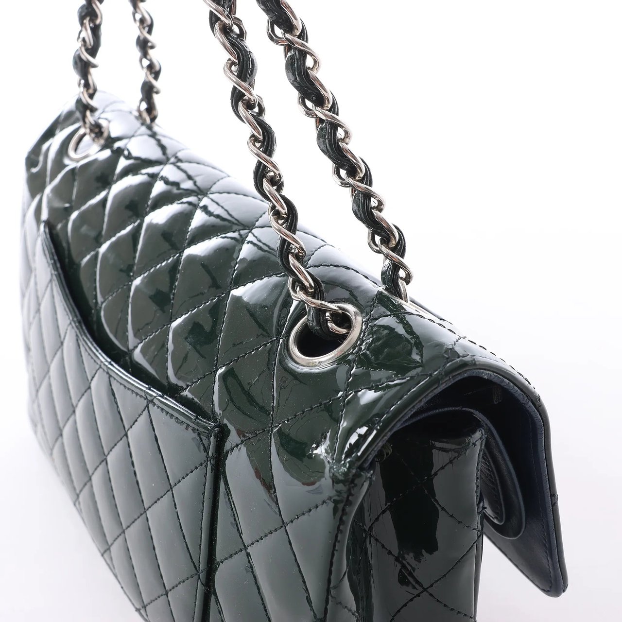 Chanel Classic Matelasse 25 Patent Leather Double Flap Double Chain Shoulder Bag in Green A01112 Divers