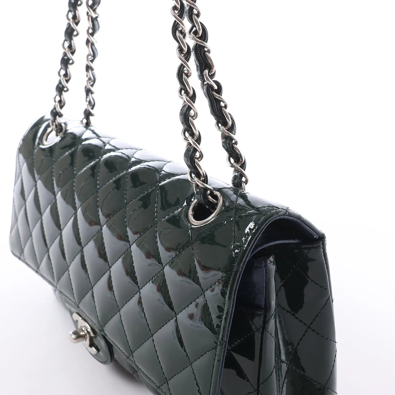 Chanel Classic Matelasse 25 Patent Leather Double Flap Double Chain Shoulder Bag in Green A01112 Divers