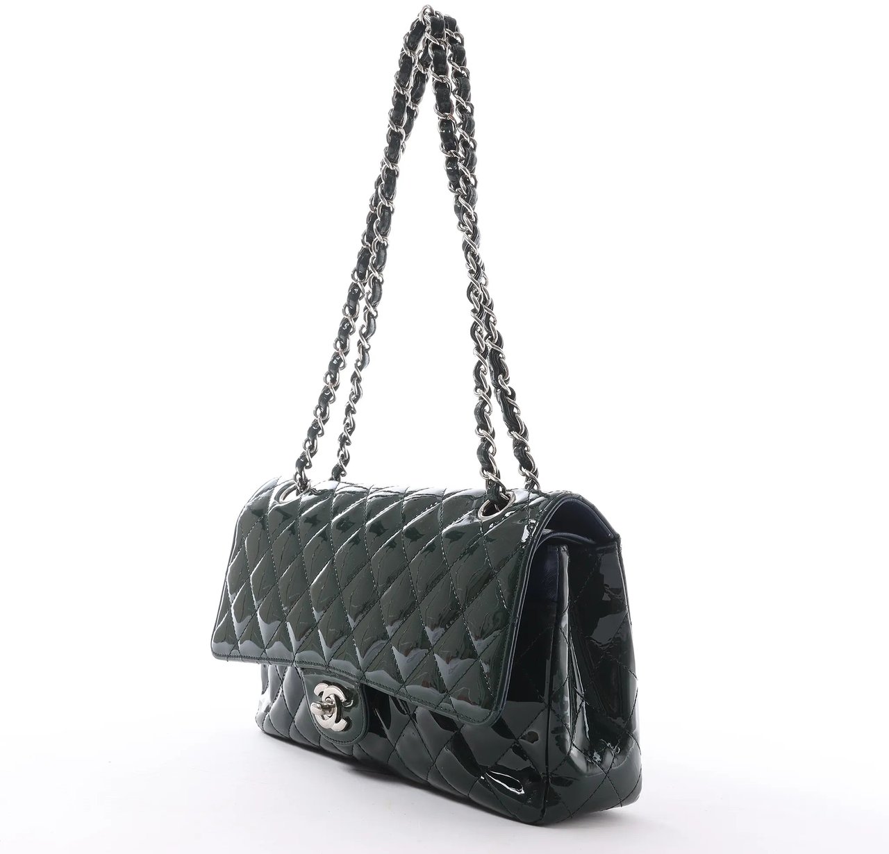 Chanel Classic Matelasse 25 Patent Leather Double Flap Double Chain Shoulder Bag in Green A01112 Divers