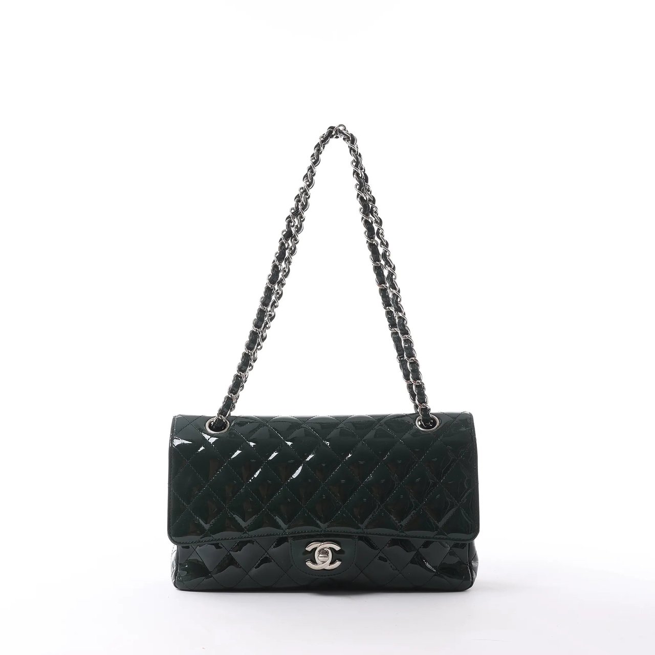Chanel Classic Matelasse 25 Patent Leather Double Flap Double Chain Shoulder Bag in Green A01112 Divers