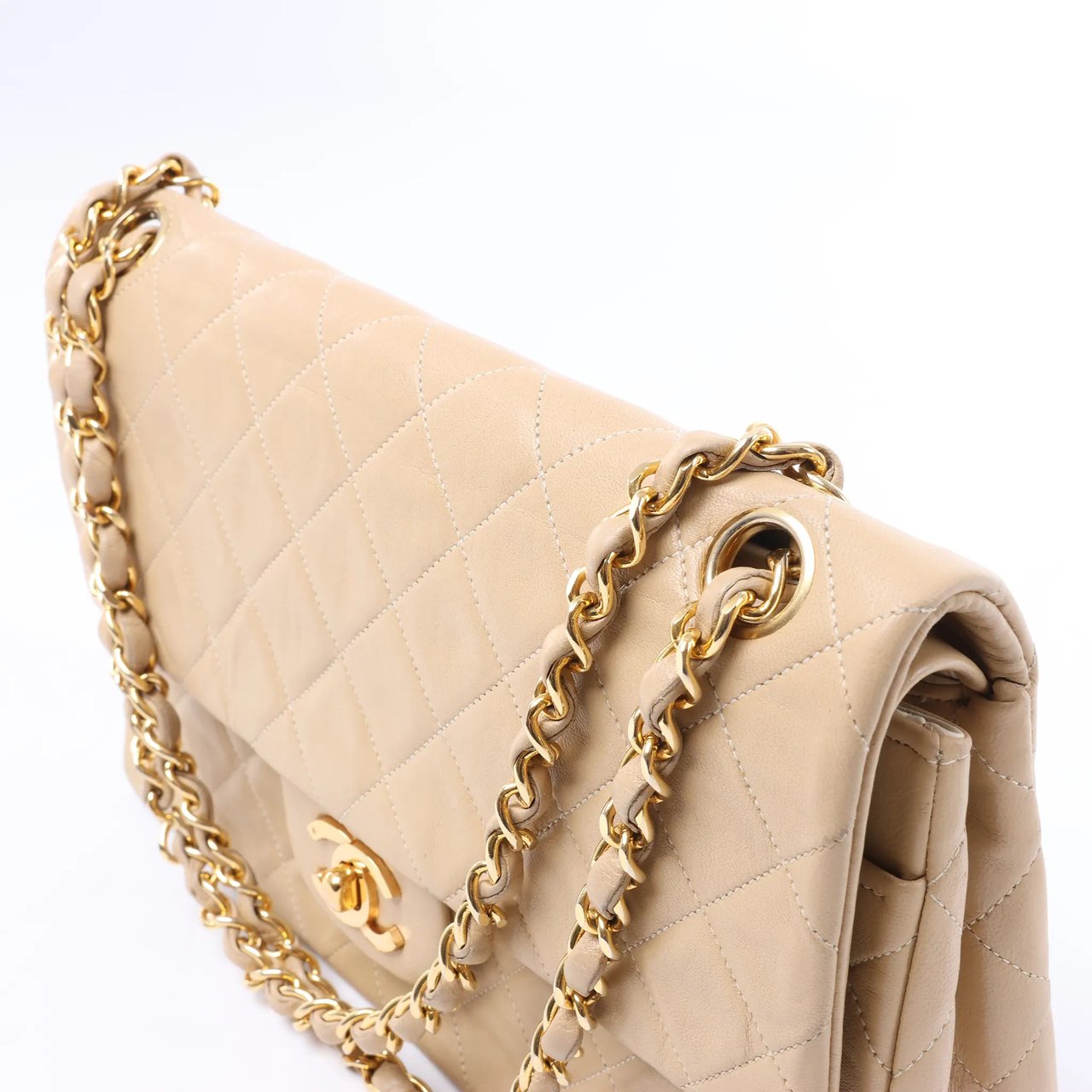 Chanel Classic Matelasse 25 Leather Double Flap Chain Crossbody Bag in Beige Beige