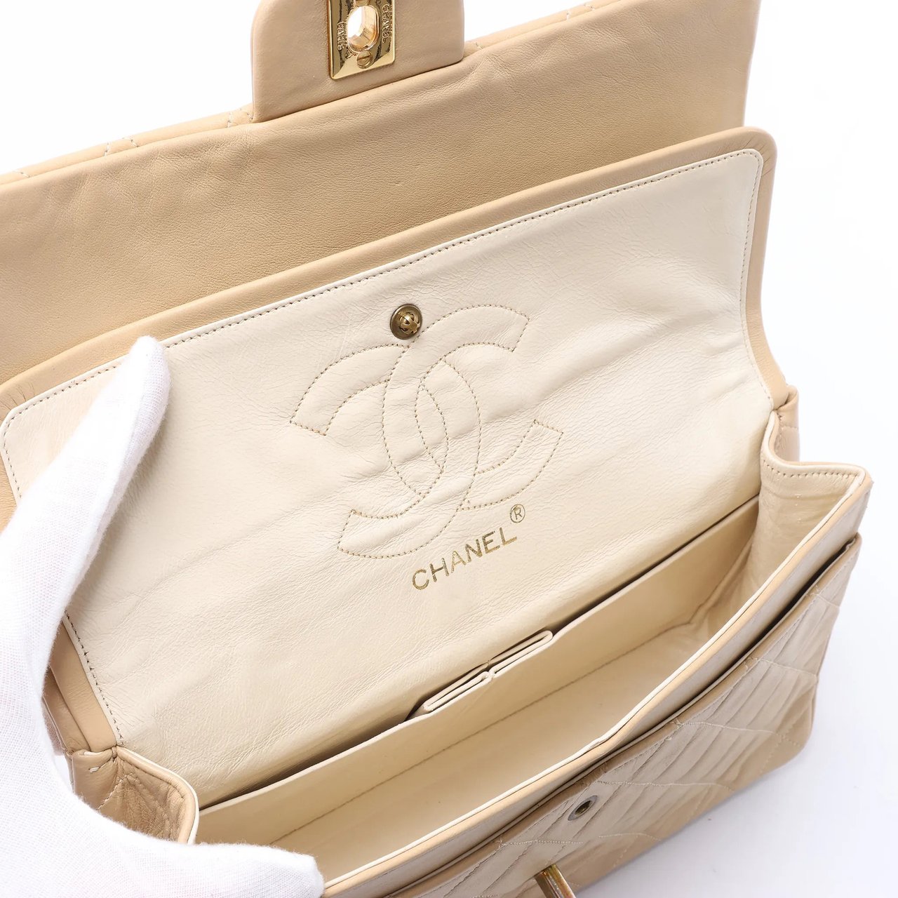 Chanel Classic Matelasse 25 Leather Double Flap Chain Crossbody Bag in Beige Beige
