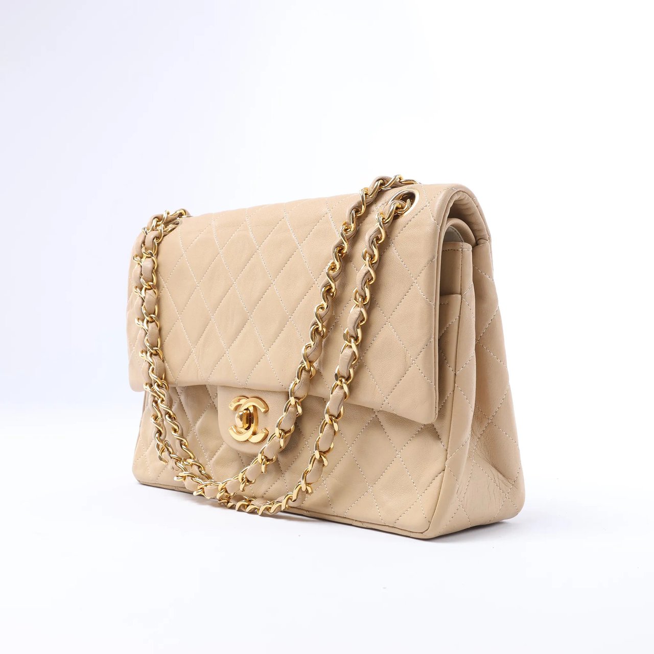 Chanel Classic Matelasse 25 Leather Double Flap Chain Crossbody Bag in Beige Beige