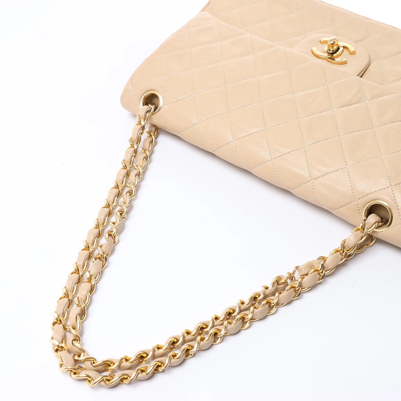 Chanel Classic Matelasse 25 Leather Double Flap Chain Crossbody Bag in Beige Beige