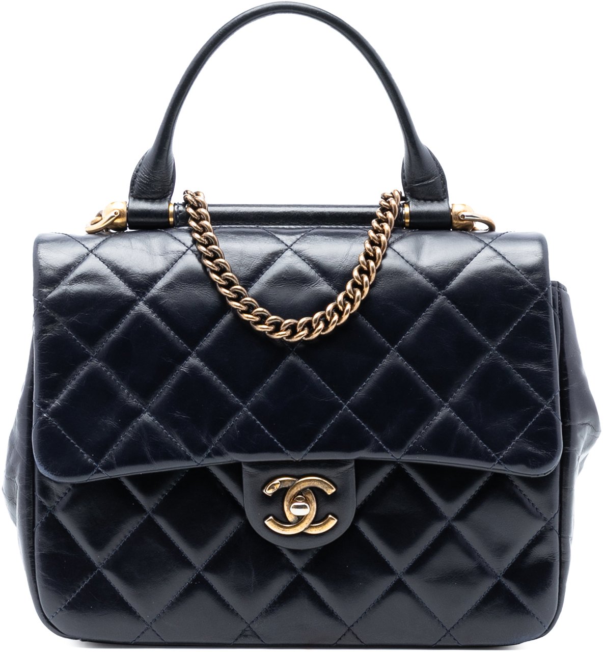 Chanel Medium Quilted Glazed Calfskin Gold Bar Top Handle Flap Blauw