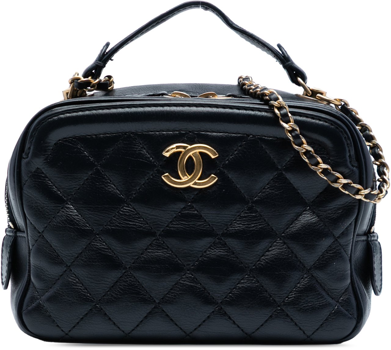 Chanel Small CC Quilted Lambskin Top Handle Vanity Case with Chain Zwart