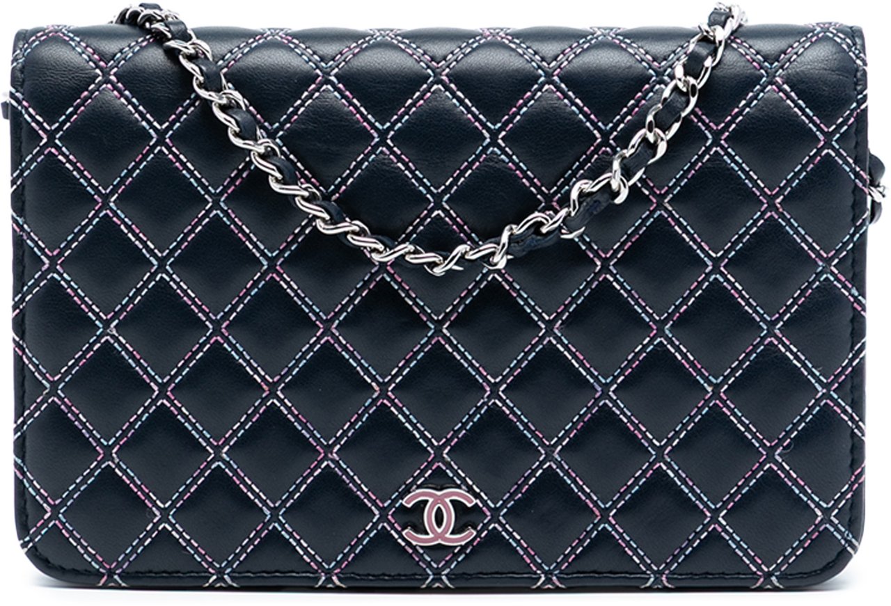 Chanel CC Quilted Lambskin Double Stitch Wallet On Chain Blauw