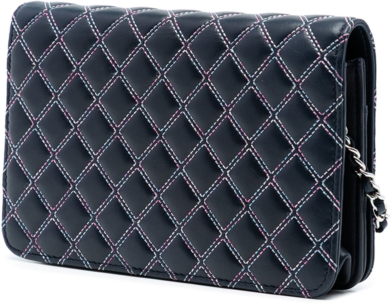Chanel CC Quilted Lambskin Double Stitch Wallet On Chain Blauw