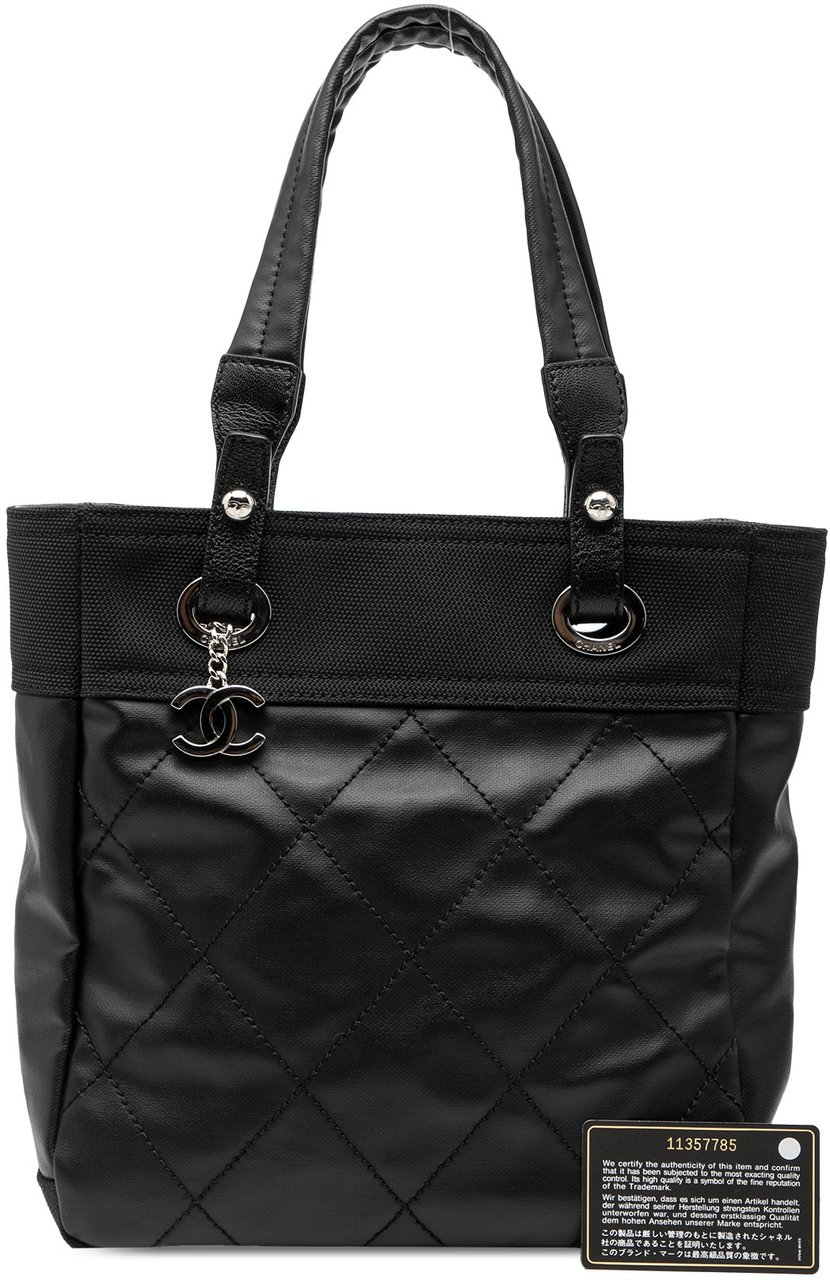 Chanel Small Quilted Coated Canvas Paris Biarritz Tote Zwart