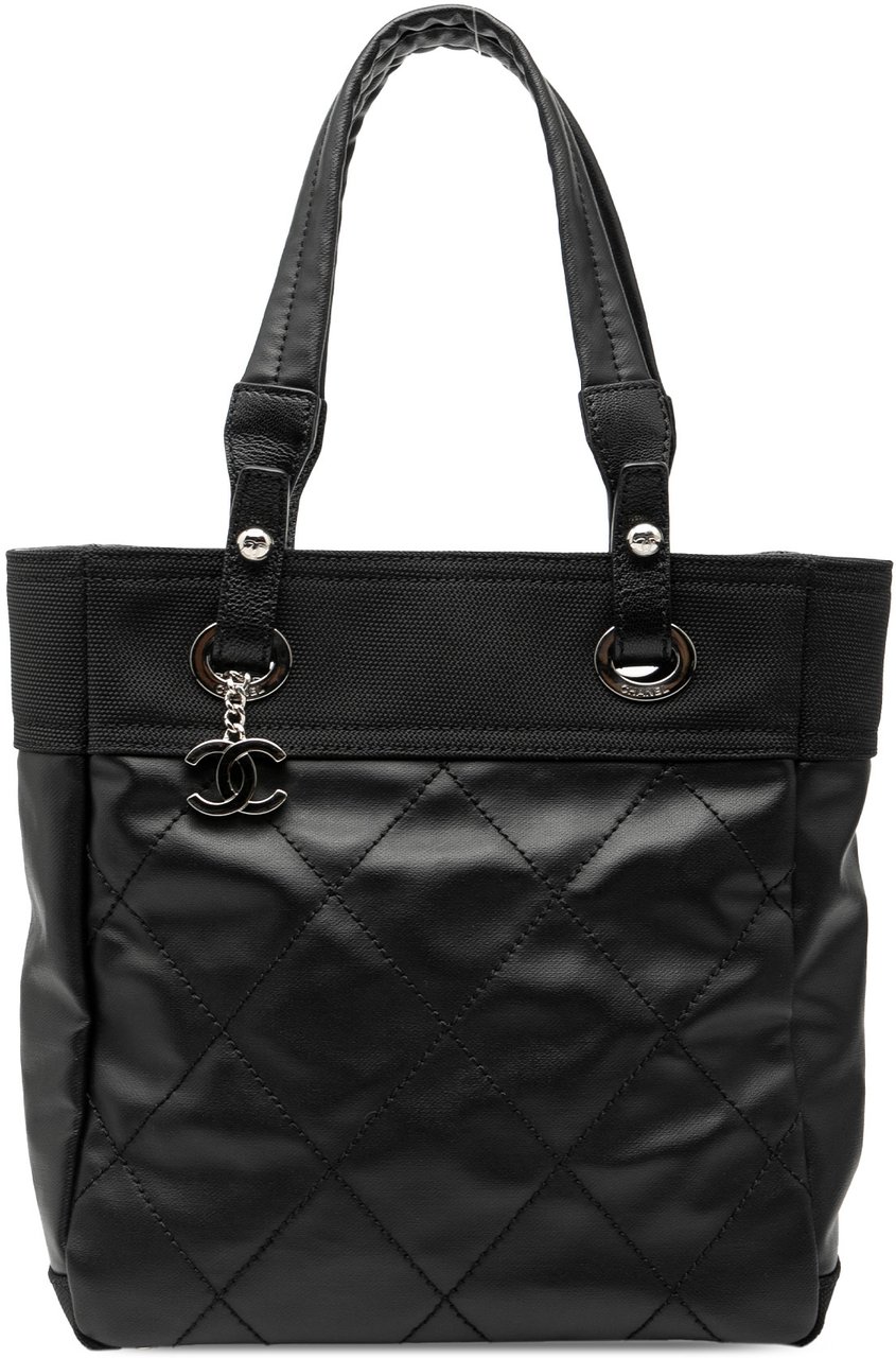 Chanel Small Quilted Coated Canvas Paris Biarritz Tote Zwart