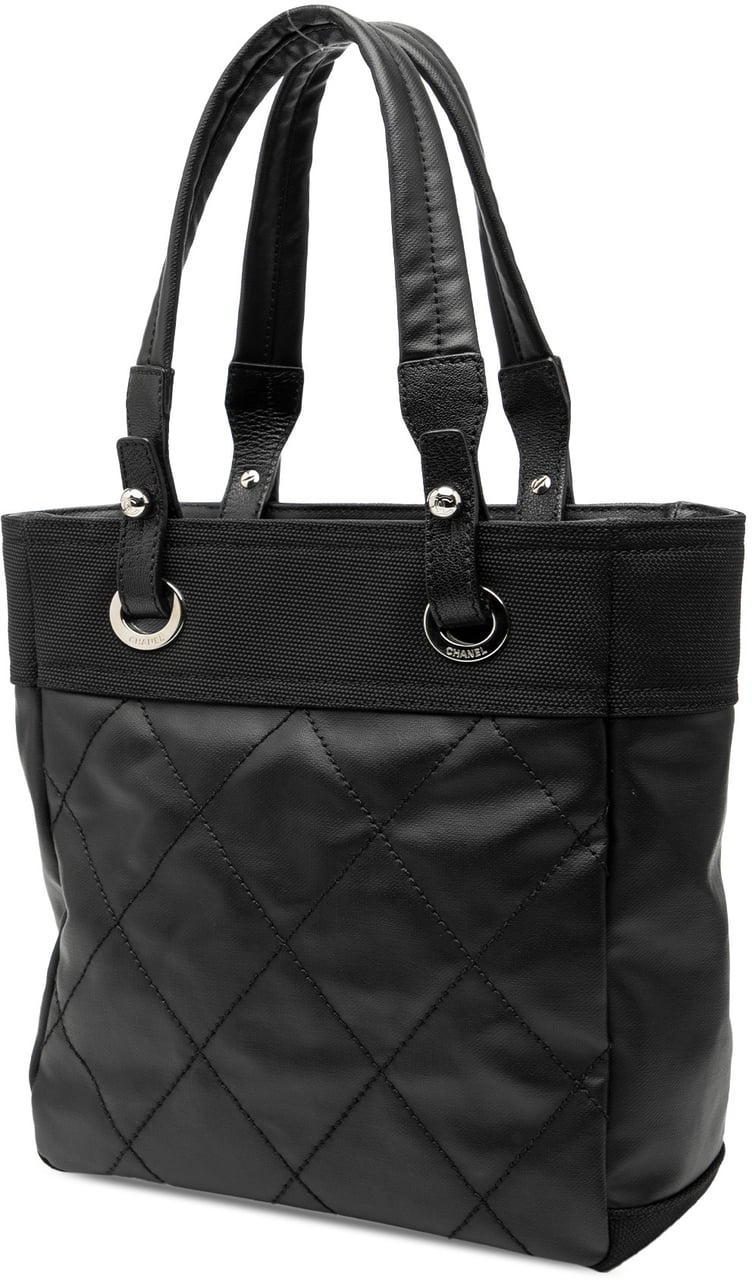 Chanel Small Quilted Coated Canvas Paris Biarritz Tote Zwart