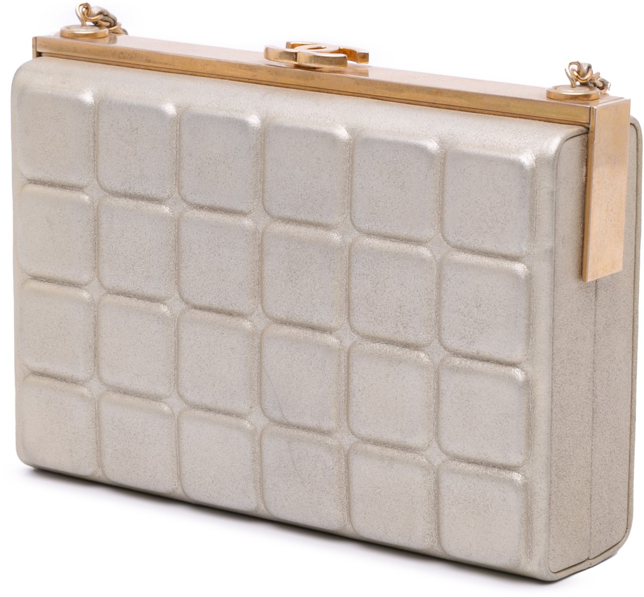 Chanel Chocolate Bar Metallic Lambskin Frame Clutch with Chain Goud