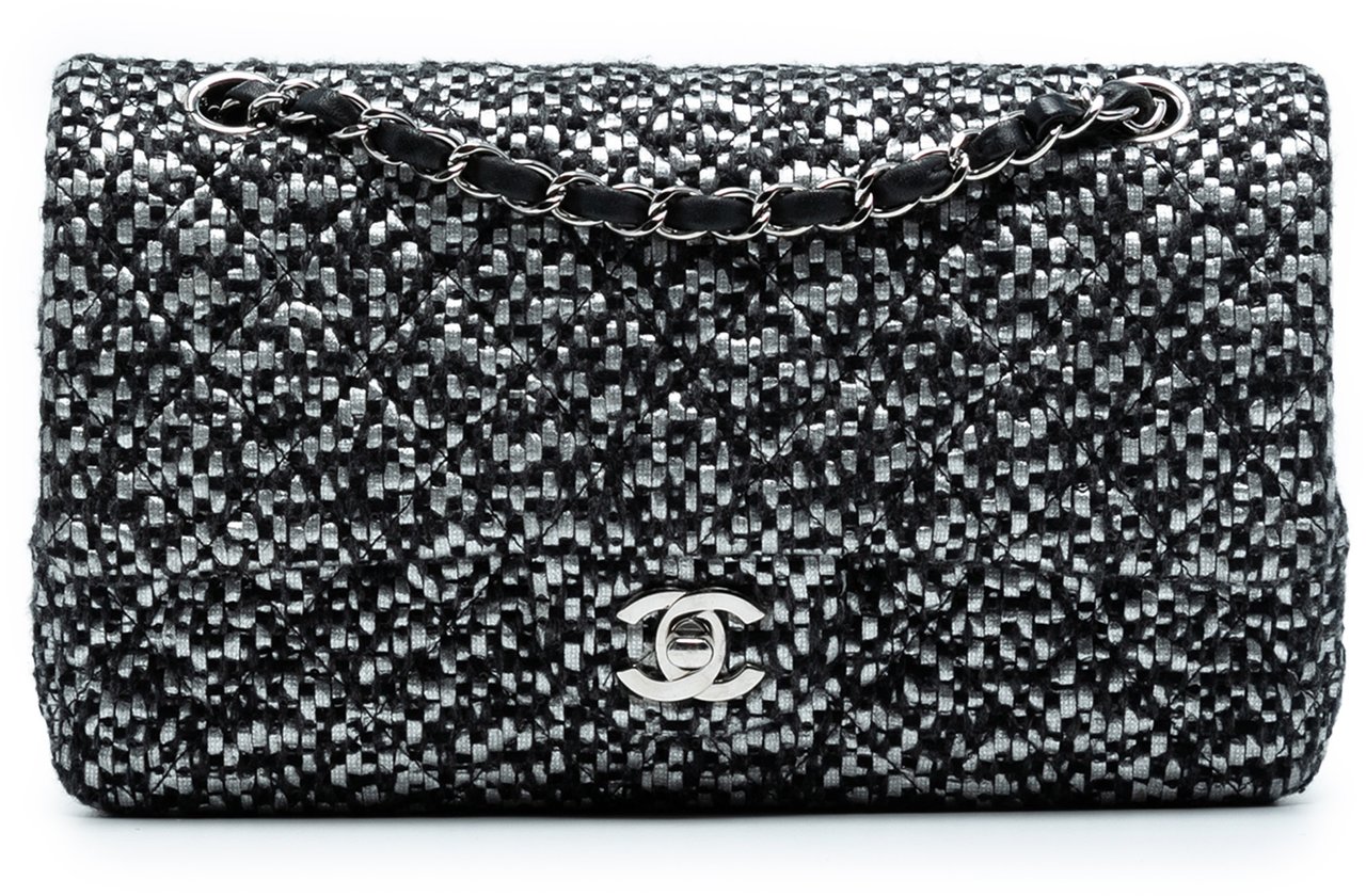 Chanel Medium Classic Tweed Double Flap Zwart