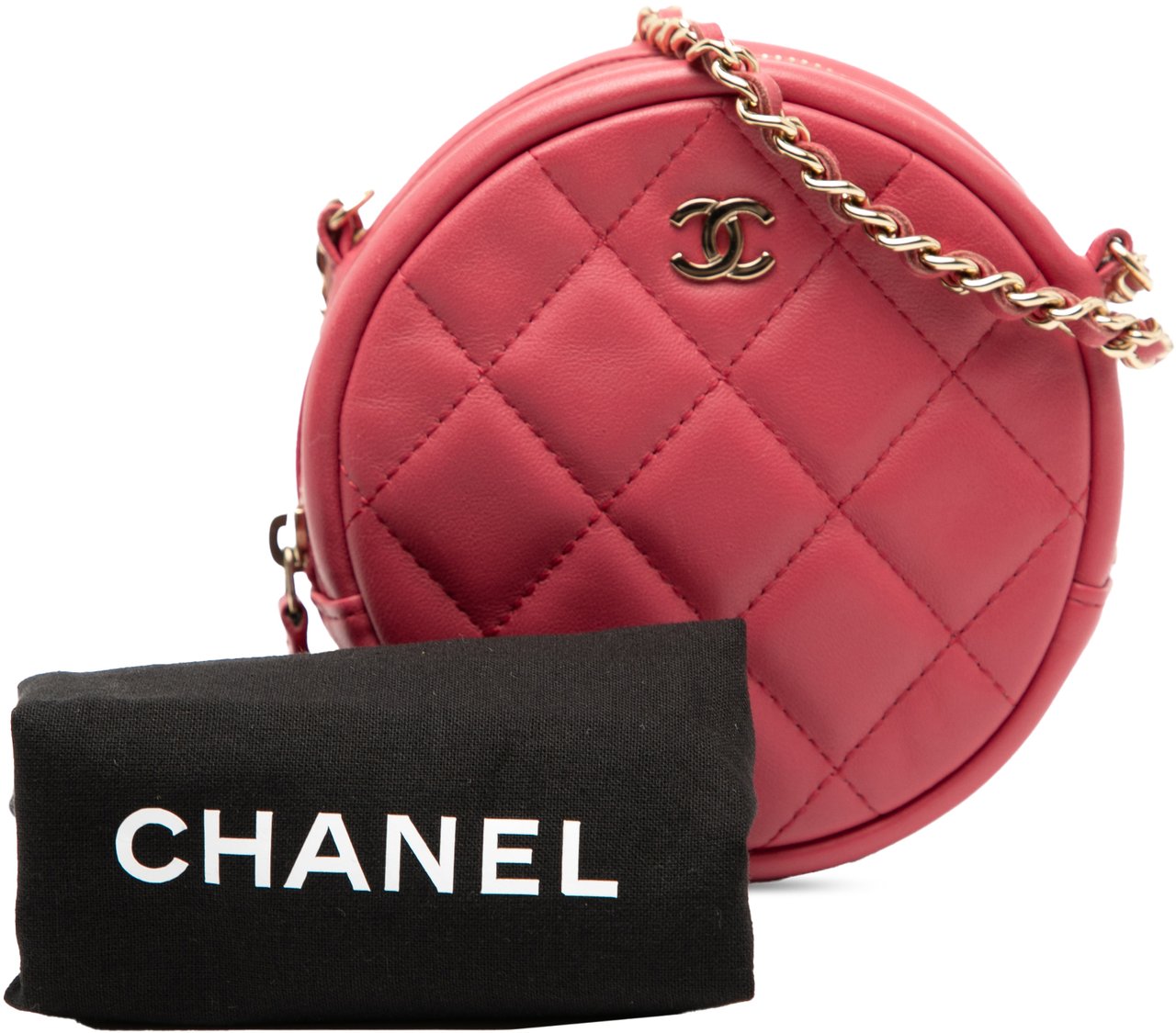 Chanel CC Quilted Lambskin Round Clutch With Chain Roze
