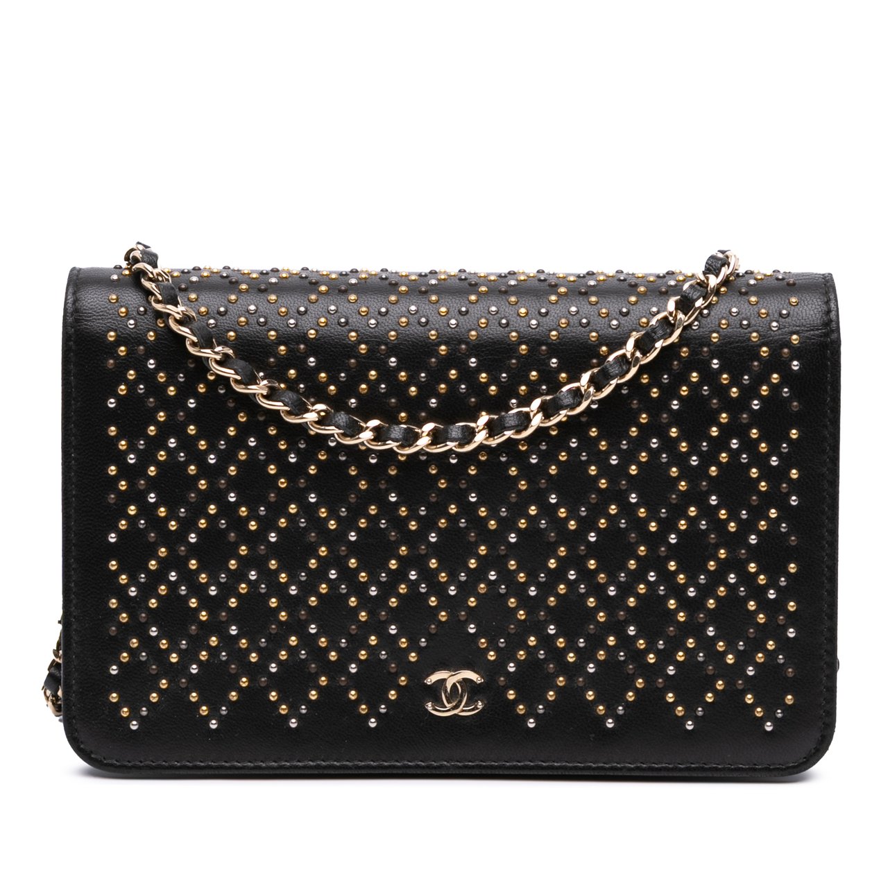 Chanel CC Studded Lambskin Wallet on Chain Zwart
