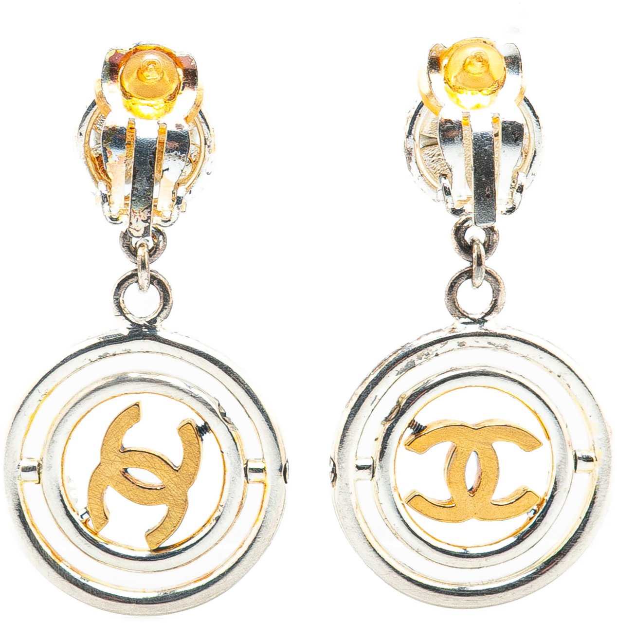 Chanel Silver Clover CC Drop Clip on Earrings Zilver