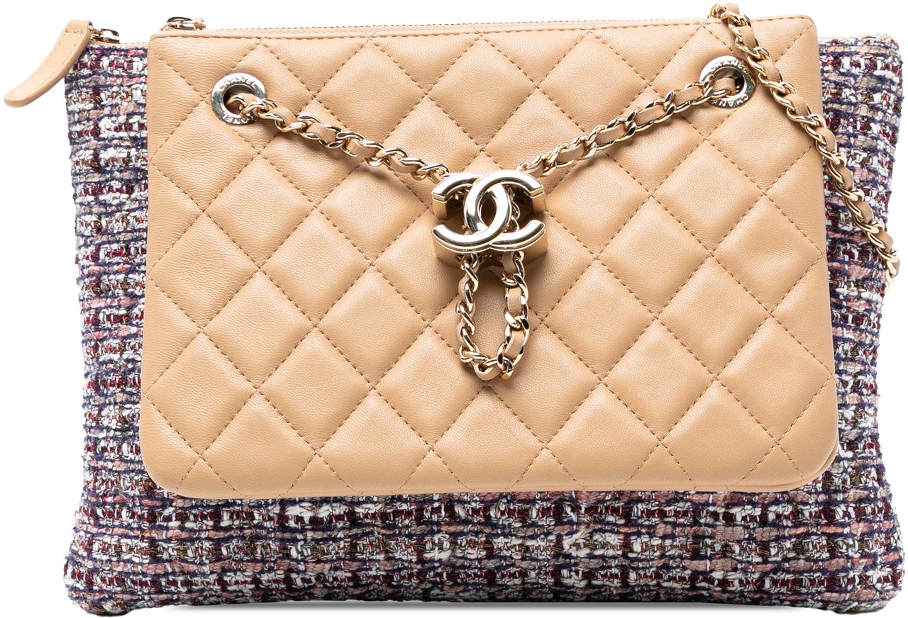 Chanel Quilted Lambskin and Tweed Double Case with Chain Bruin