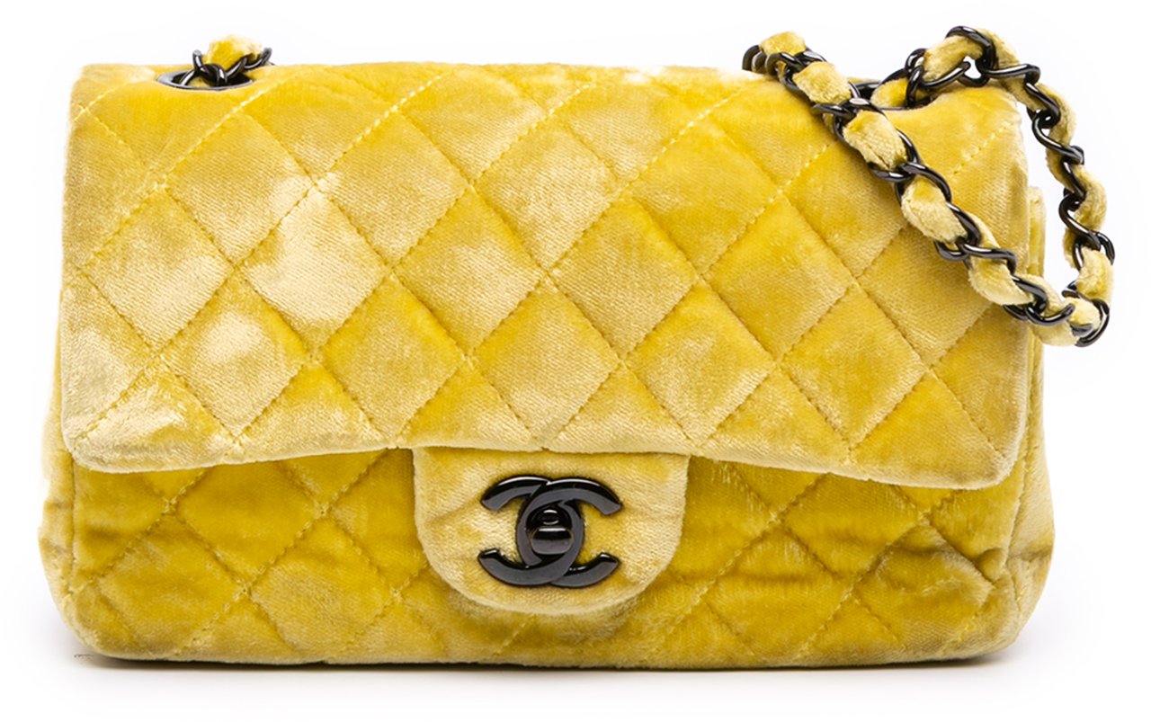 Chanel Mini Rectangular Classic Velvet Single Flap Geel