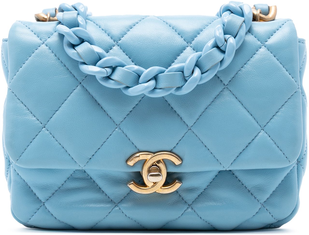 Chanel Mini Quilted Lambskin Lacquered Chain Flap Blauw