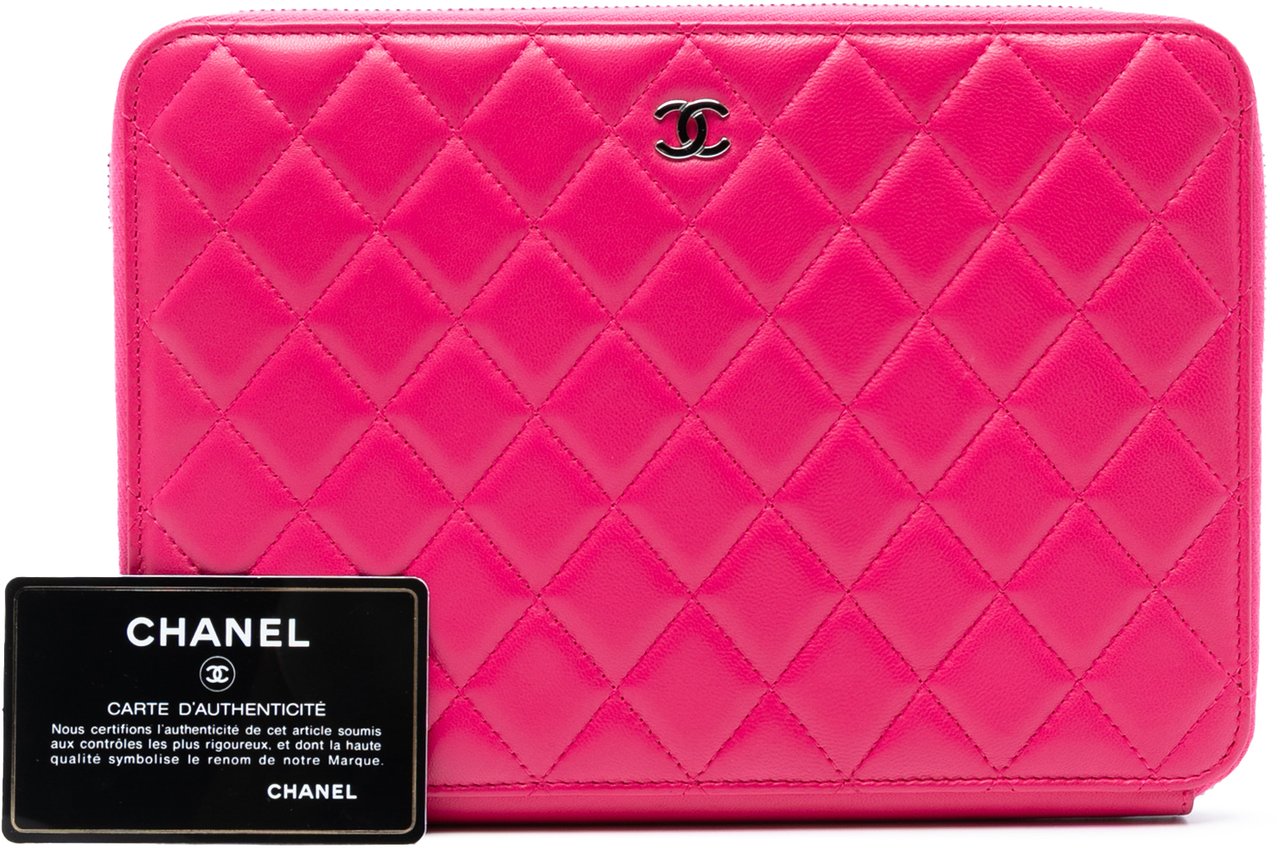 Chanel Large Quilted Lambskin Zip Around Organizer Clutch Roze