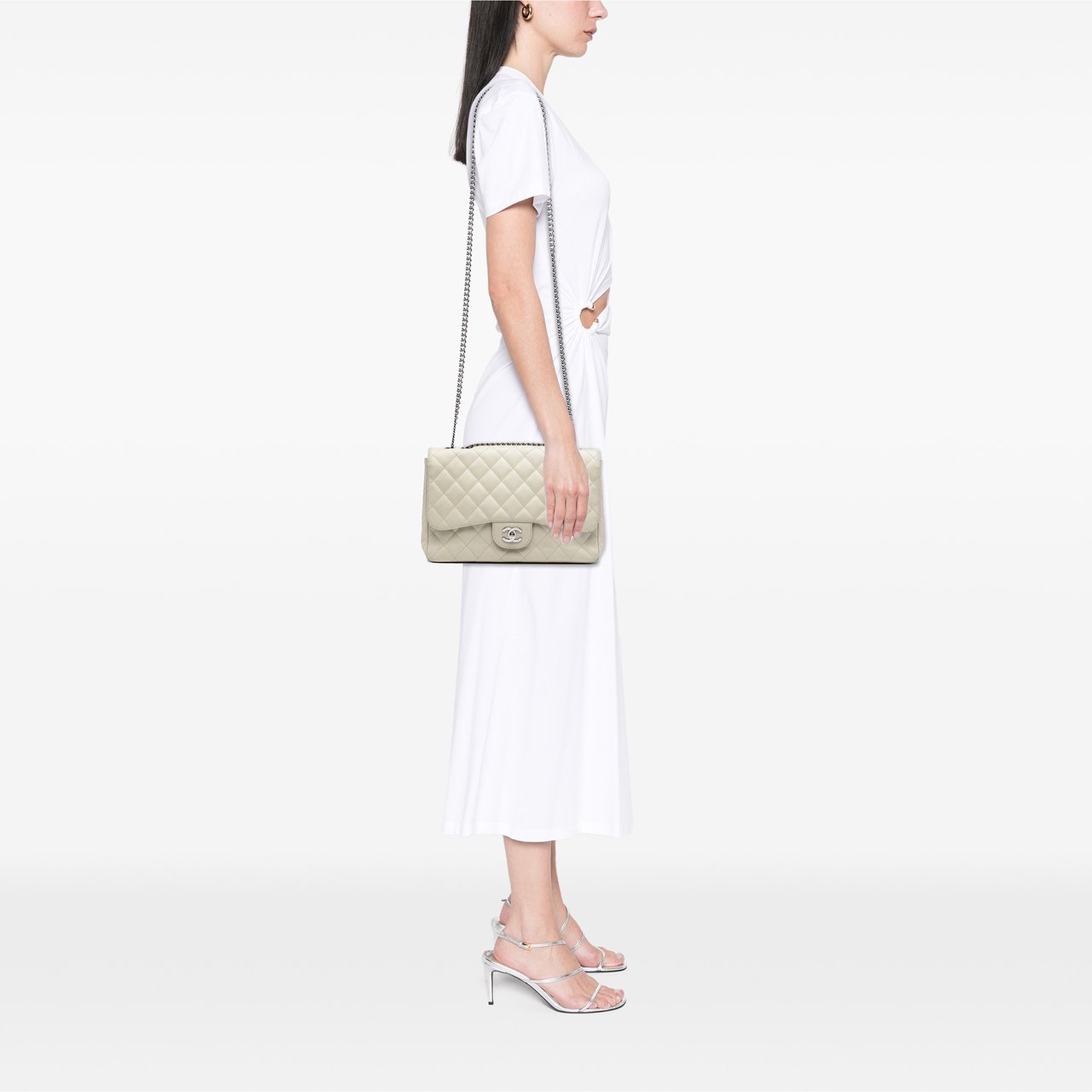 Chanel Jumbo Classic Caviar Bijoux Chain Single Flap Wit