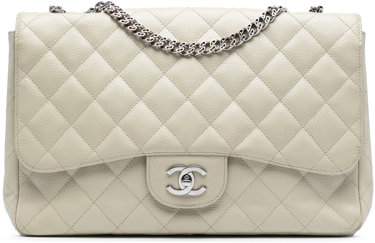 Chanel Jumbo Classic Caviar Bijoux Chain Single Flap Wit