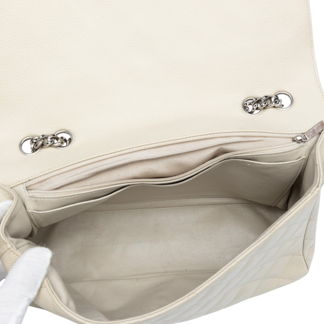 Chanel Jumbo Classic Caviar Bijoux Chain Single Flap Wit