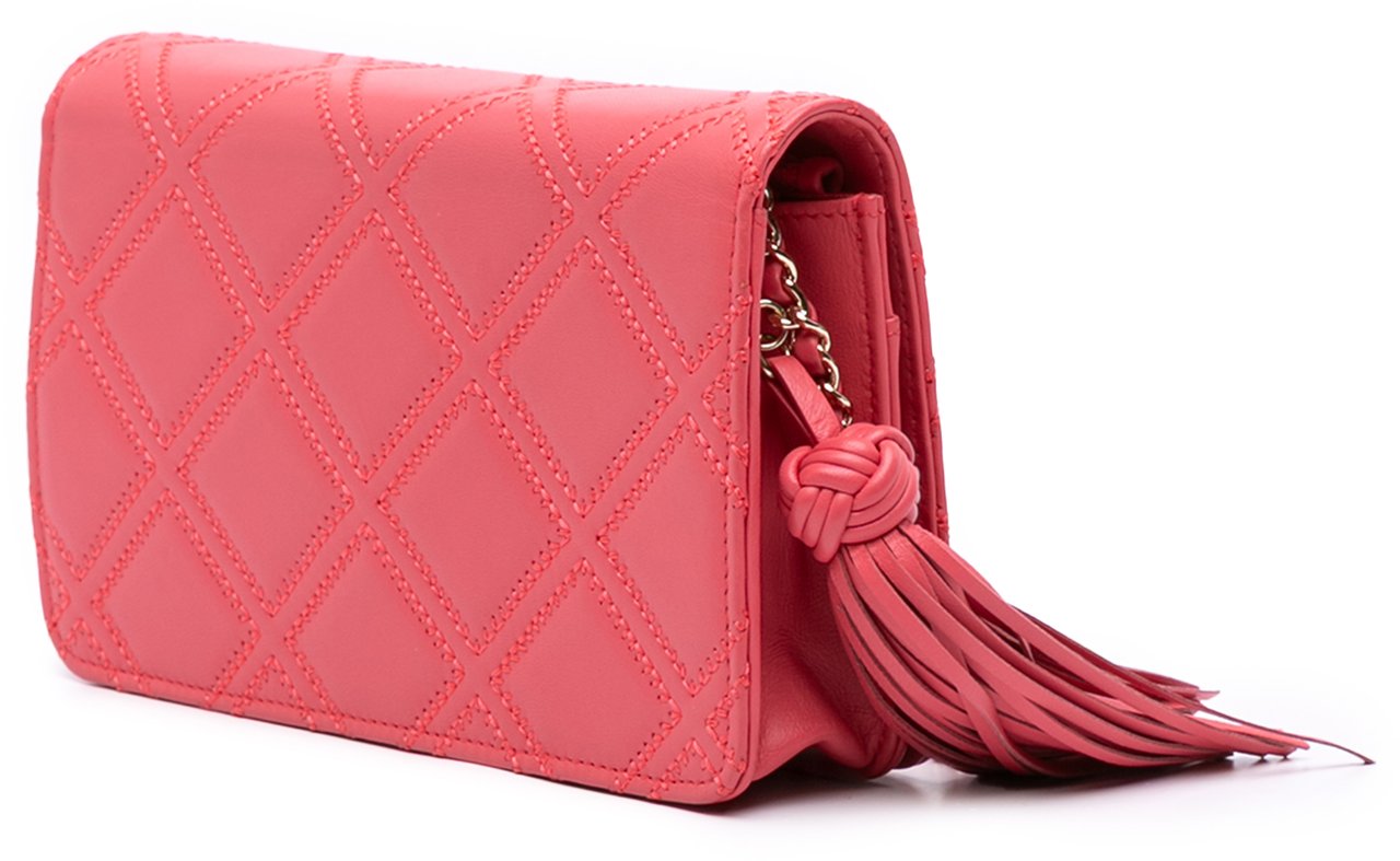 Chanel Quilted Lambskin Double Stitch Tassel Wallet On Chain Roze