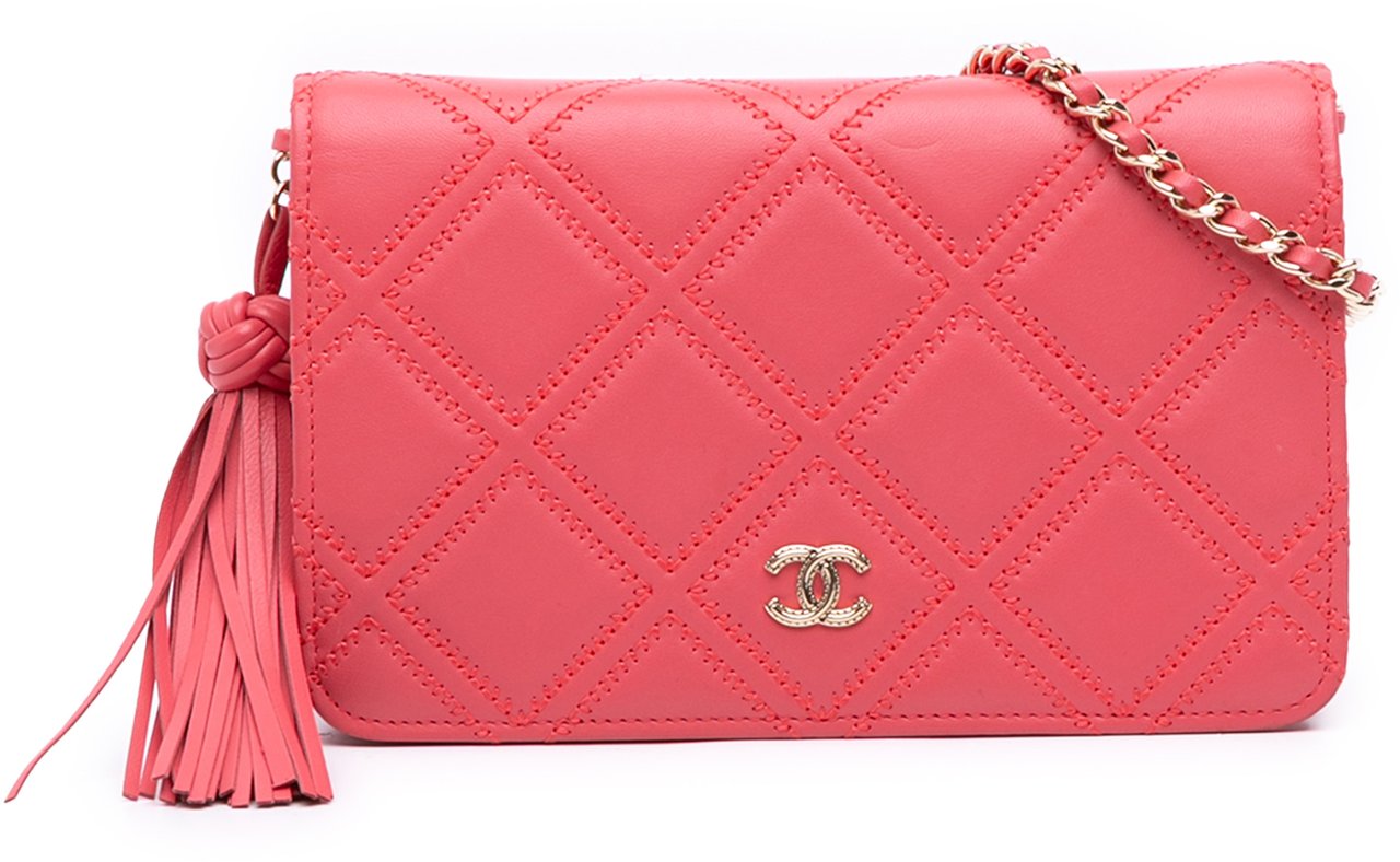 Chanel Quilted Lambskin Double Stitch Tassel Wallet On Chain Roze