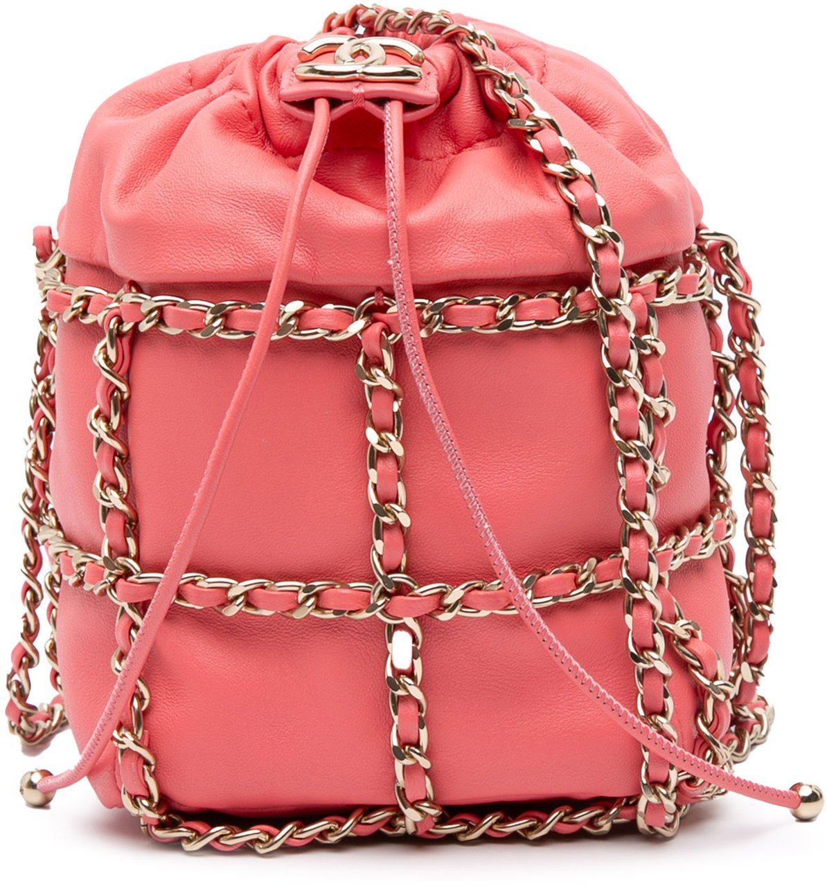 Chanel Lambskin CC Chain Frame Drawstring Bucket Bag Roze