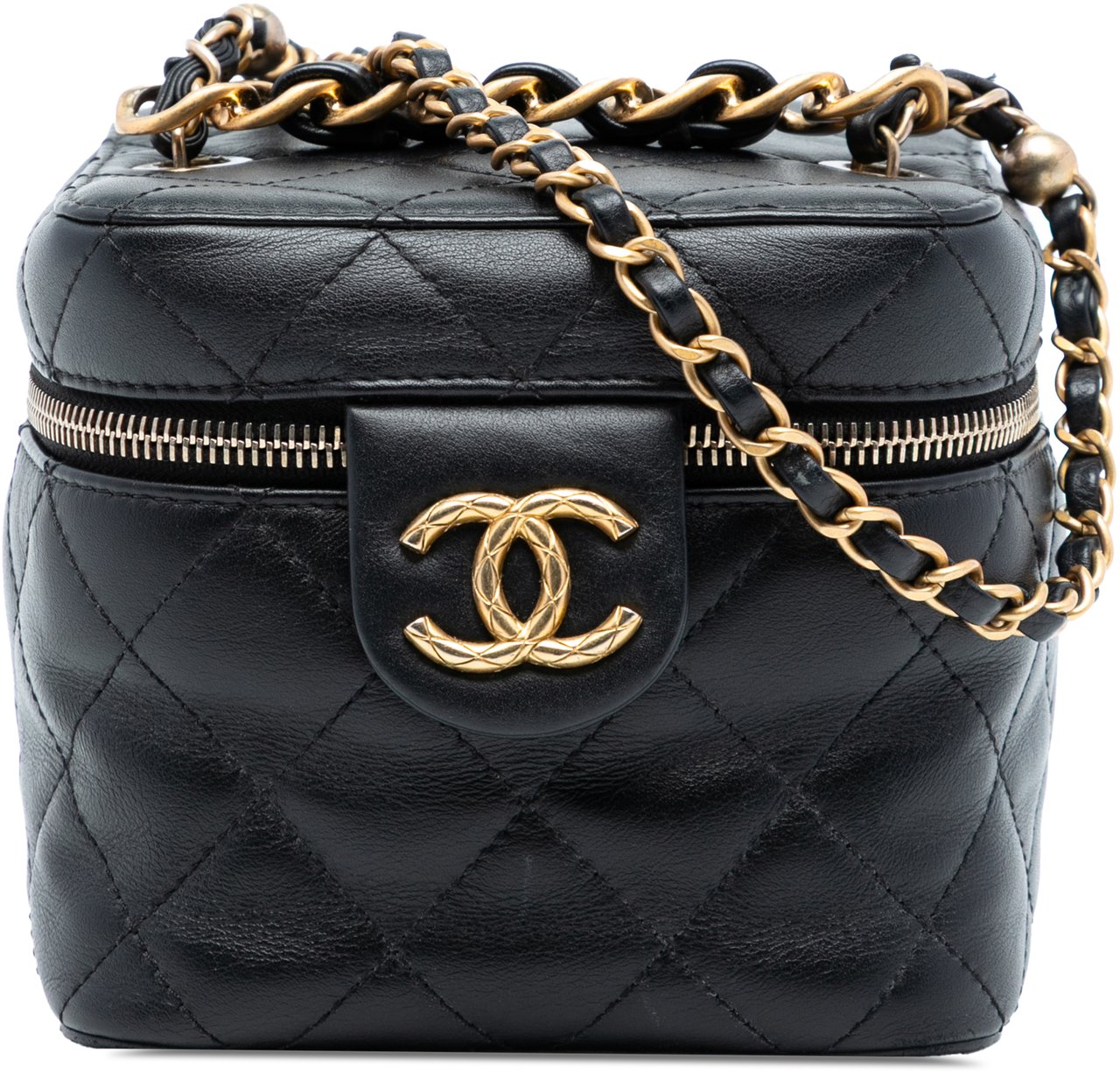 Chanel CC Quilted Calfskin Vanity Case with Chain Zwart