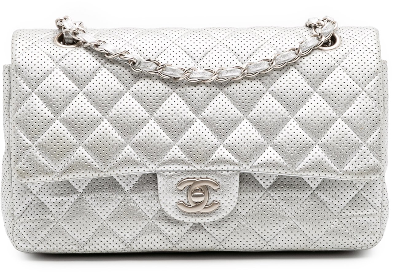 Chanel Medium Classic Perforated Lambskin Double Flap Zilver
