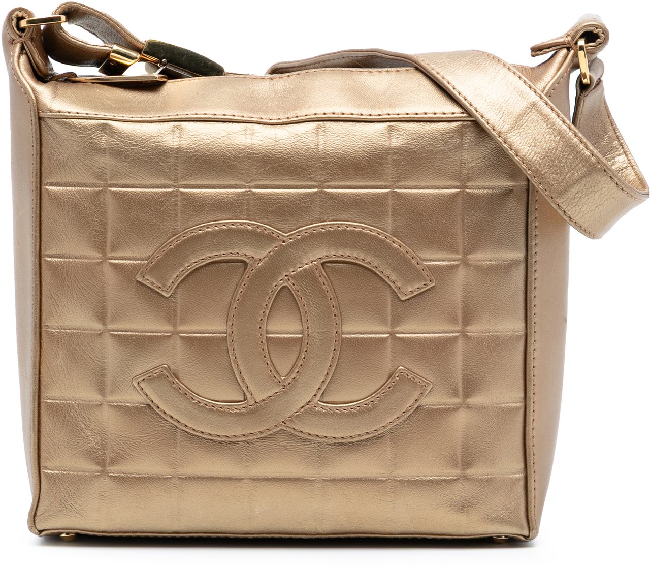 Chanel CC Chocolate Bar Metallic Lambskin Shoulder Bag Goud